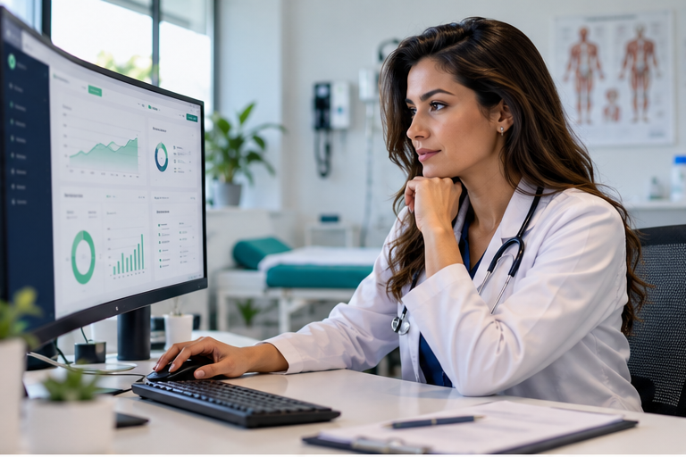 Médica analisando indicadores de saúde ocupacional